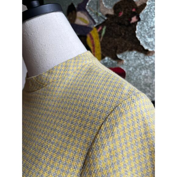 Vintage 60s Yellow Micro Plaid Dress | Mad Men Sheath Tweed Knit | Size S/M - Picture 6 of 10